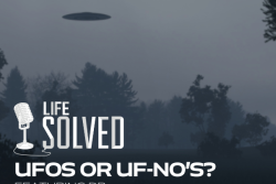Flying saucer hovering over forest in grey with Life Solved logo and Introduction title 